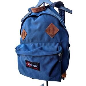 Eastpak Backpack Leather Bottom Vintage 90's USA Blue Day Pack Zippered Lash Tab